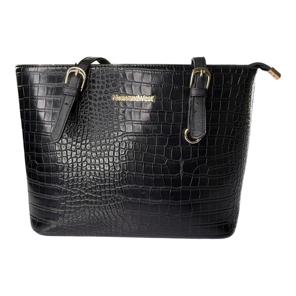 Montana West Select Black Croc Embossed Tote Shoulder Bag Gold Tone Hardware